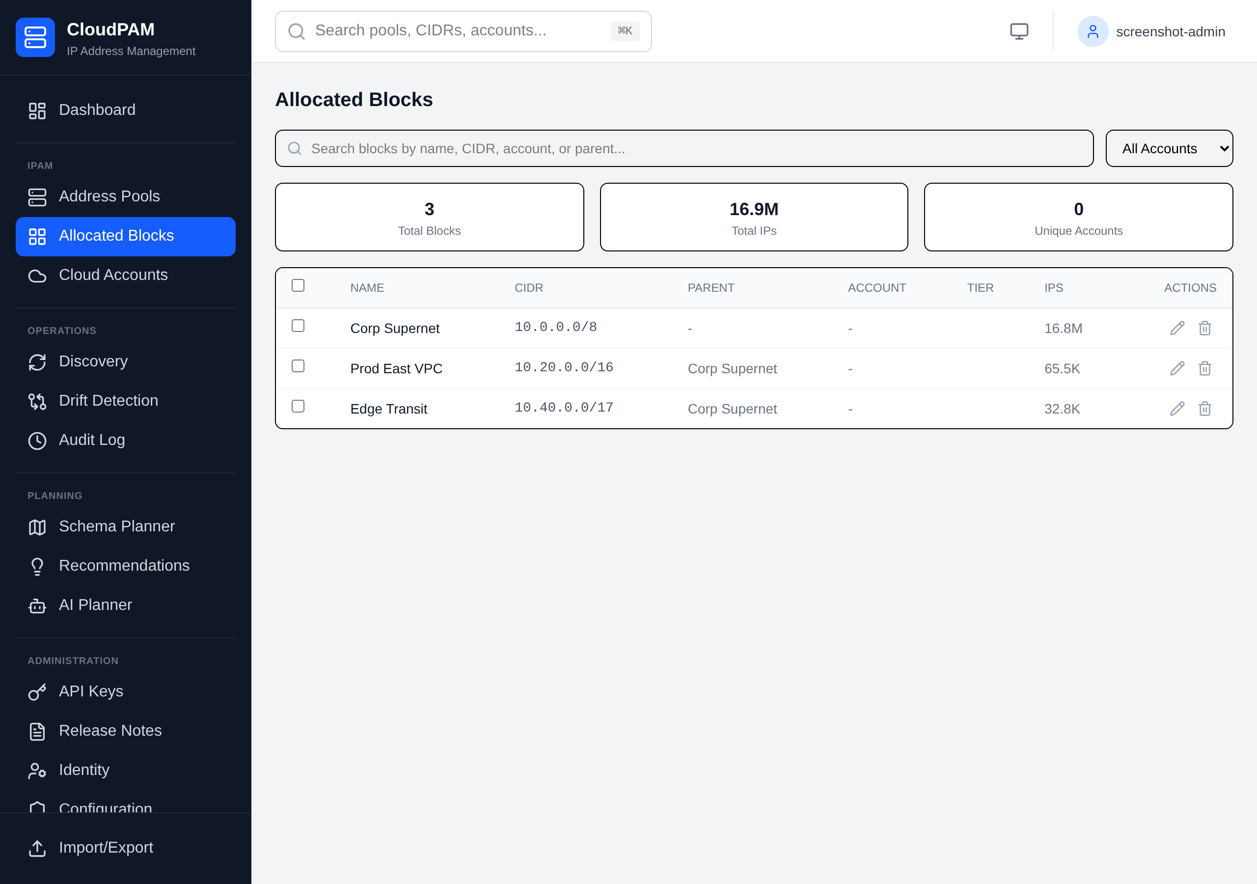 Allocated blocks in CloudPAM